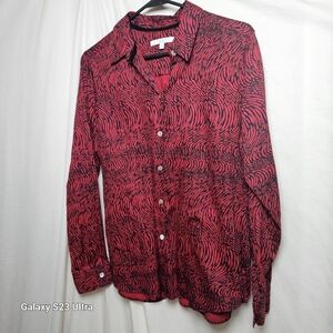 FOXCROFT RED BLACK PRINT LONG SLEEVE BUTTON UP SHIRT Sz 10 EXCELLENT CONDITION